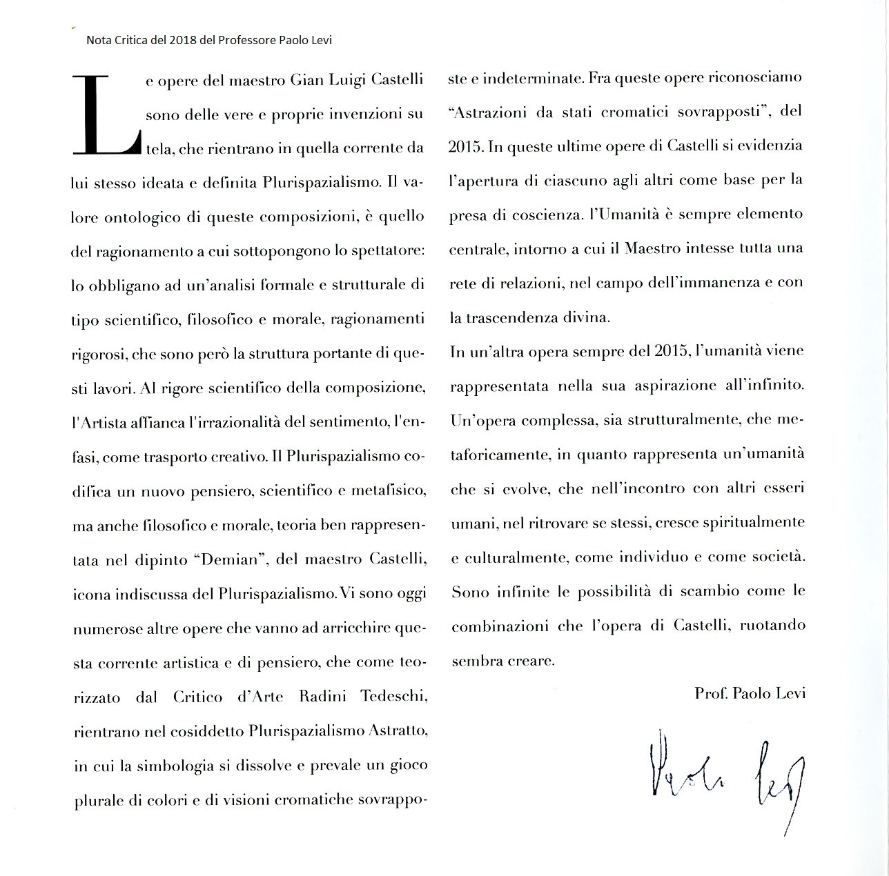 critica del Professore Paolo Levi del 2018